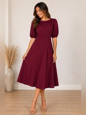 NWT Burgundy Midi Dress Size Large Puff Sleeve Wrap Style A-Line Dress